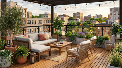 Fototapeta premium 3D Illustration of Modern Urban Patio with Premium Wooden Teak Flooring and Contemporary Outdoor Design