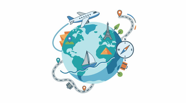 A vibrant cartoon depicts global travel with an airplane sailboat and iconic landmarks