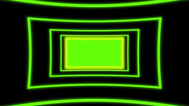 Green rectangle frames border zooming and flying forward through rectangular corridor motion graphic background seamless looped futuristic tunnel video perfect for creative video projects 4K edit