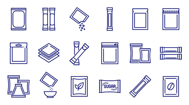A comprehensive outline icon collection showcasing diverse single-serving packaging types including various sachets, pouches and stick packs, illustrating product packaging design or branding concepts