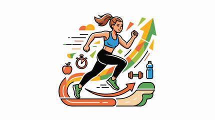 Fototapeta premium A woman in athletic wear runs amidst fitness symbols