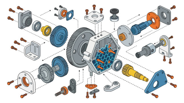 Exploded view technical illustration of mechanical gearbox assembly. EPS Editable. Vector Illustrations.