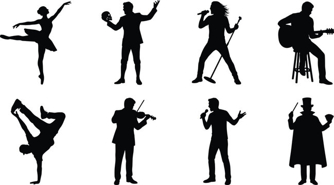 Performing arts entertainment silhouette set with dancers musicians singers and actors isolated on white background