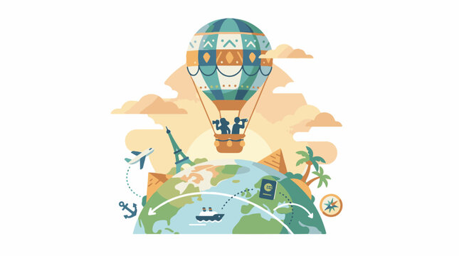 A whimsical world tour hot air balloon passport plane ship and landmarks