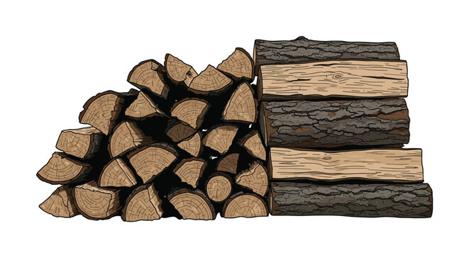 Large pile of neatly stacked dry firewood logs and split wood for fuel and heating purposes in a rustic setting.