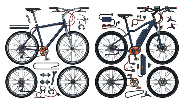Flat lay vector illustration of standard bicycle and electric ebike parts disassembled on white background. EPS Editable. Vector Illustrations.