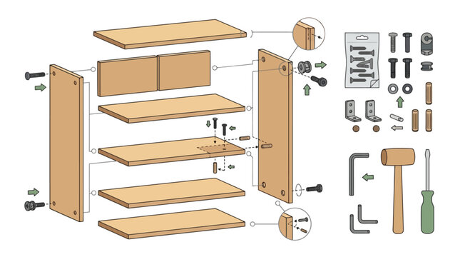 Flat pack furniture assembly instruction diagram with wooden shelves and tools. EPS Editable. Vector Illustrations.
