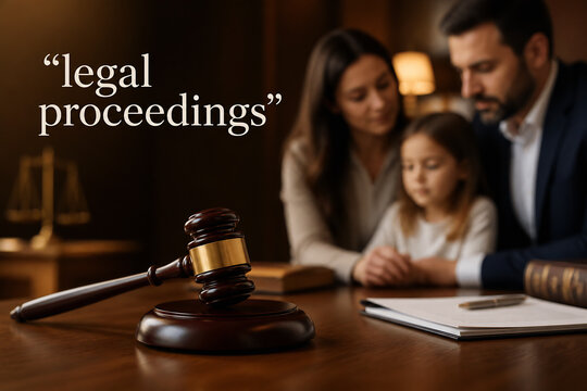 A gavel rests on a desk in front of a family during what appears to be legal proceedings.