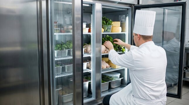 Chef carefully arranging fresh vegetables, meats, and dairy inside large commercial refrigerator, spotless professional kitchen, organized storage, food safety concept