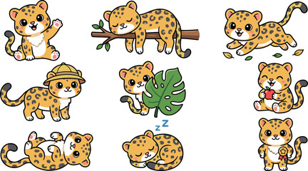 Cute Baby Leopard Cartoon Character Vector Set Featuring Safari Cub Sleeping Running and Eating for Kids Illustration Nursery Decor and Sticker Designs © tanjina