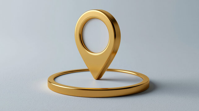Metallic gold location pin icon sitting on a matching golden circle base with location