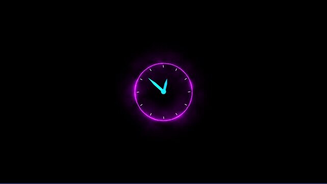 Clock icon animation glowing neon color watch dial circle deadline timer wall clock round retro sign symbol on black background. video
