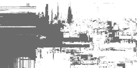 Obraz premium Abstract city skyline stencil background. Black and white urban landscape silhouette texture with grunge distortion.