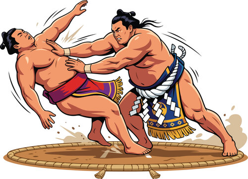 Powerful rikishi pushing an opponent out of the dohyo ring