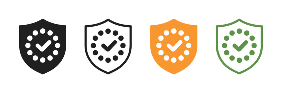 Security shield icon with checkmark vector set, safety guarantee logo, protection badge, data privacy symbol, web cybersecurity graphic.