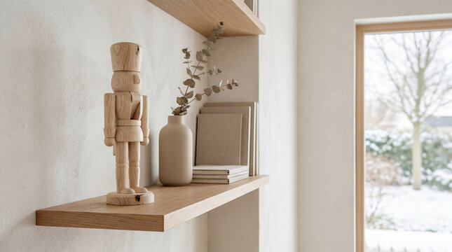 Natural wood nutcracker decor on shelf with winter window view