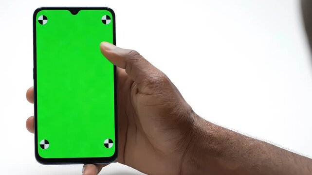 Male hand holding smartphone with green screen and tracking points on isolated white background