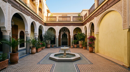Naklejka premium Traditional Moroccan riad courtyard with fountain and mosaic tiles