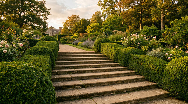 English garden steps with trimmed hedges at golden hour