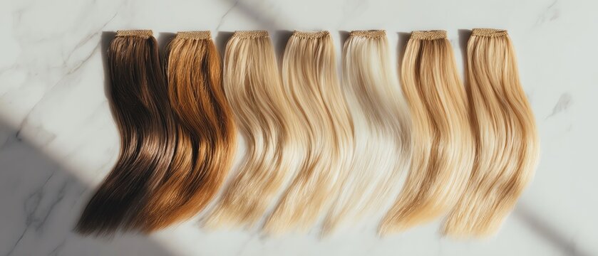 Variety of hair extensions displayed on marble.