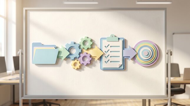 Business concepts on whiteboard in office