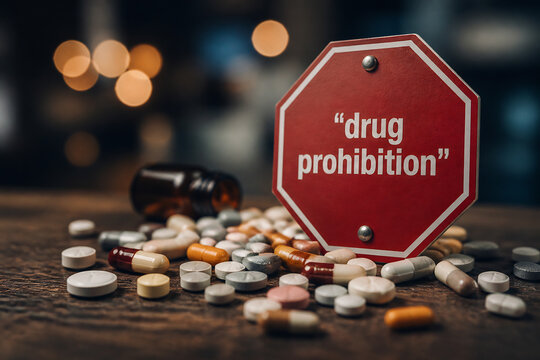 Pills and a red sign reading drug prohibition on a wooden surface.