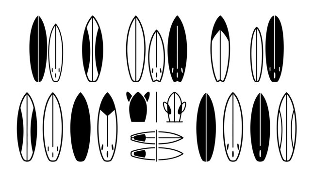 Variety of surfing surfboards lineup.