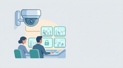 Fototapeta premium Two people monitor security camera footage in a control room. Various screens display different workplace scenes related to safety and prevention.
