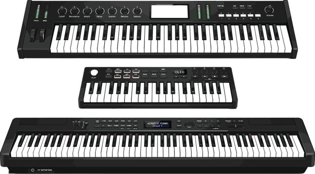 PrintComparison of electronic keyboard instruments including synthesizer, compact MIDI controller, and digital piano, showcasing diverse features for music production and performance