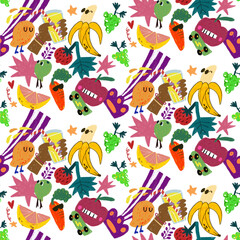 Obraz premium Funky Veggie and Fruit Seamless Pattern. Carrot, Banana, Strawberry, Muscat and Lemon