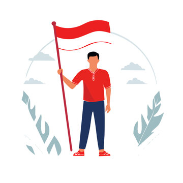 Man holding red and white flag in flat illustration style