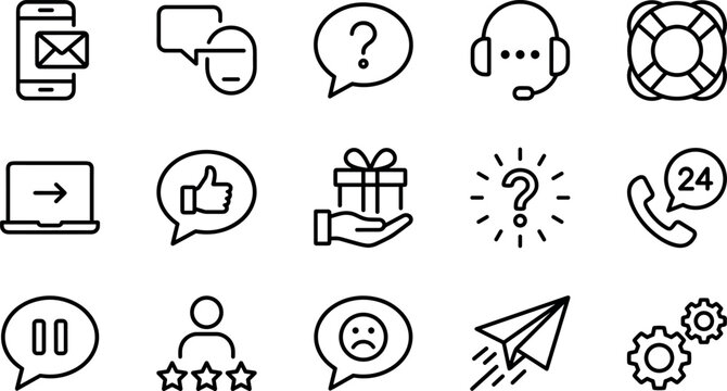 Customer service and technical support line icon set vector illustration featuring headset call center feedback rating and communication help symbols