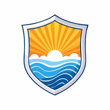 Shield Emblem with Sunrise Over Ocean and Clouds