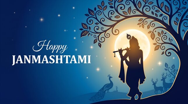 Serene Krishna silhouette beneath moonlit tree for Janmashtami devotion greeting banner design