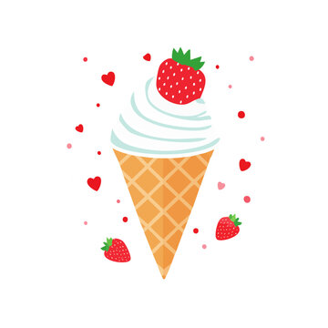 Strawberry Soft Serve Ice Cream Cone with Hearts