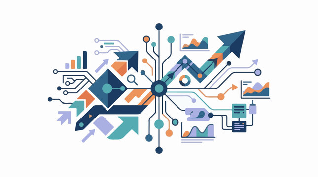 Abstract geometric data flow with arrows charts and circuit board elements