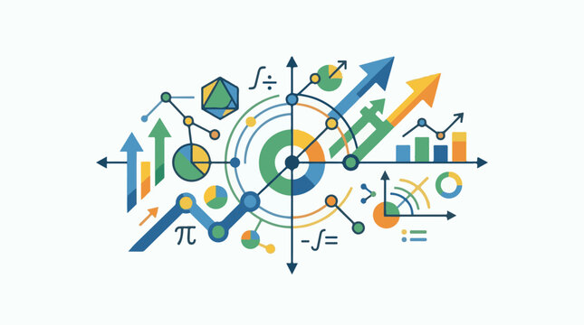 Abstract mathematical symbols and charts with rising arrows