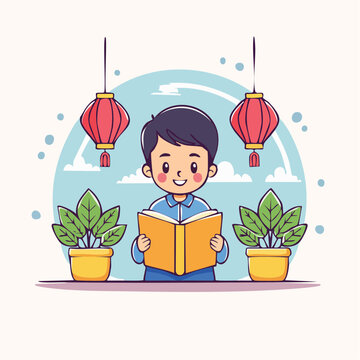 Boy Reading a Book with Lanterns and Plants