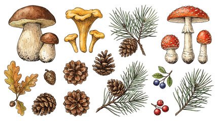 Forest floor scene with various mushrooms, pinecones, and leaves on a natural surface © Avra