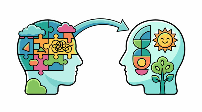 Abstract illustration of a mind transferring complex thoughts to a simple organized one