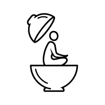 Meditation figure sitting in healthy bowl with open lid in minimalist style for wellness branding