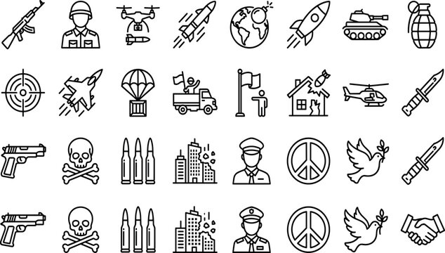 Military war and conflict line icon set vector illustration featuring weapons defense forces combat battle and peace symbols
