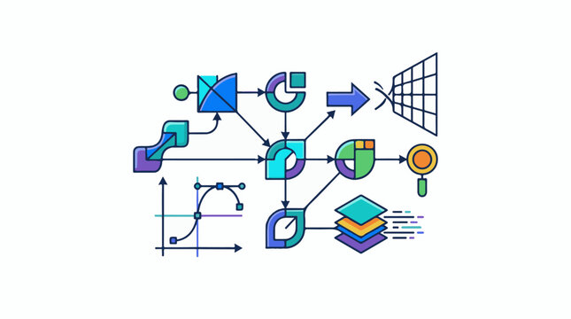 Abstract geometric flowchart with data analysis and process visualization icons