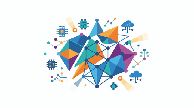 Abstract geometric network connecting digital elements and data clouds