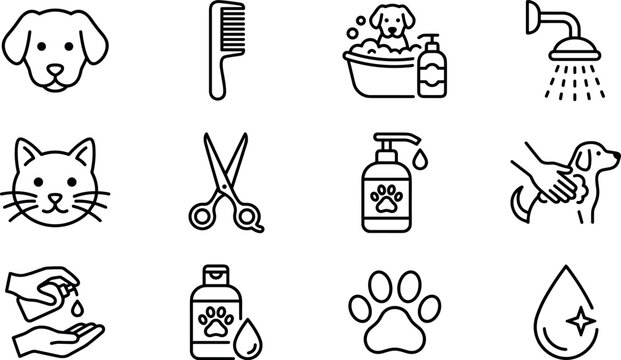 Pet grooming salon line icon set vector illustration including dog wash cat care scissors comb shampoo bottle shower and hygiene symbols