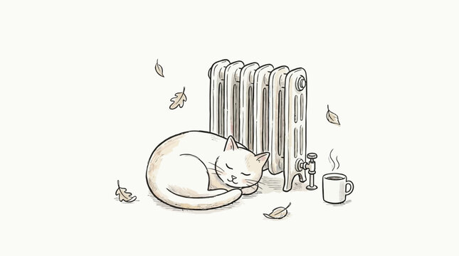 A cat sleeps peacefully beside a steaming mug and radiator on a chilly autumn day with falling leaves.