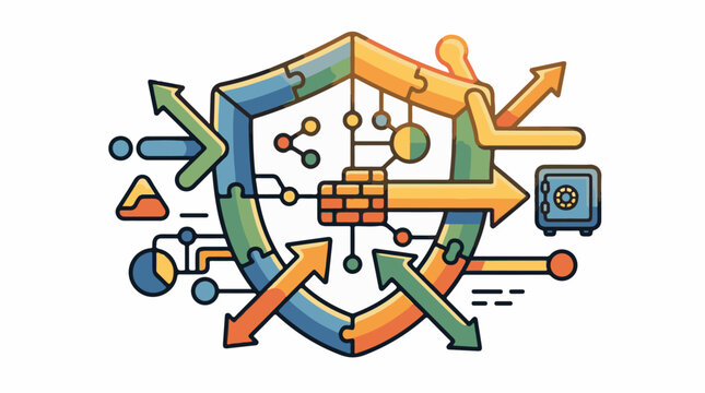 Abstract puzzle shield with arrows charts and a safe