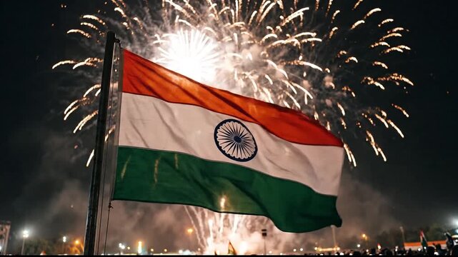 Indian national flag waving at night with fireworks celebration.