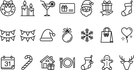 Christmas and New Year winter holiday line icon set vector illustration featuring Santa Claus reindeer gift ornament and festive elements © RAJU