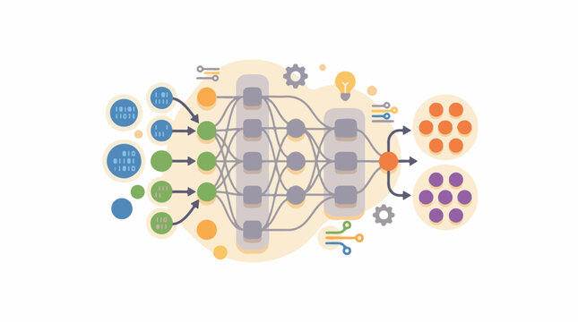 Abstract representation of a neural network processing data showing layers of nodes and connections